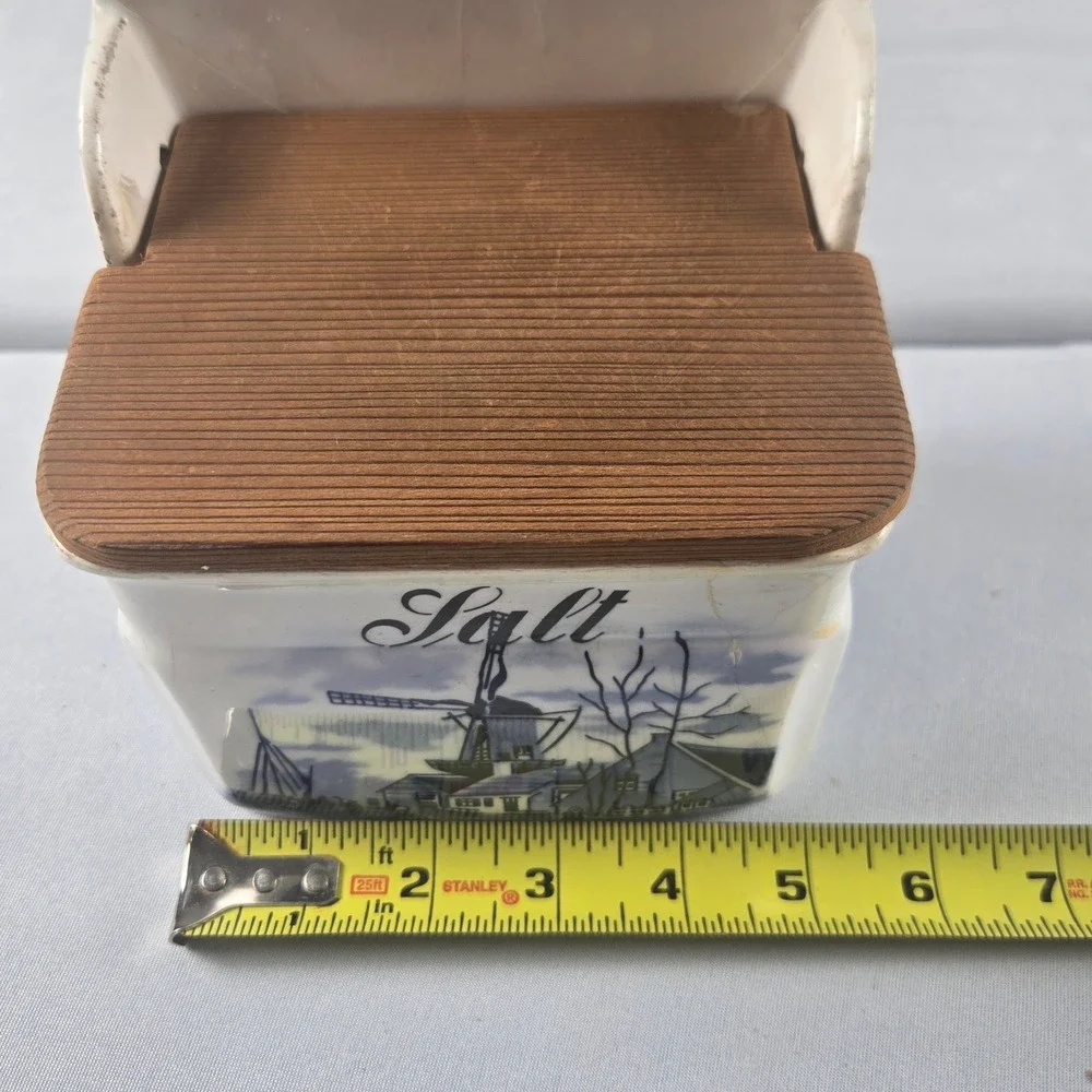 Vintage Delft Blue Holland Wall Mount Salt Box Ceramic Wood Lid Windmill Decor